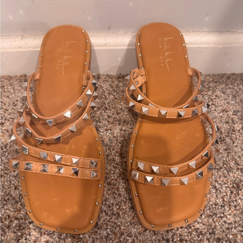Nicole Miller Tan Sandals with Silver Studs
